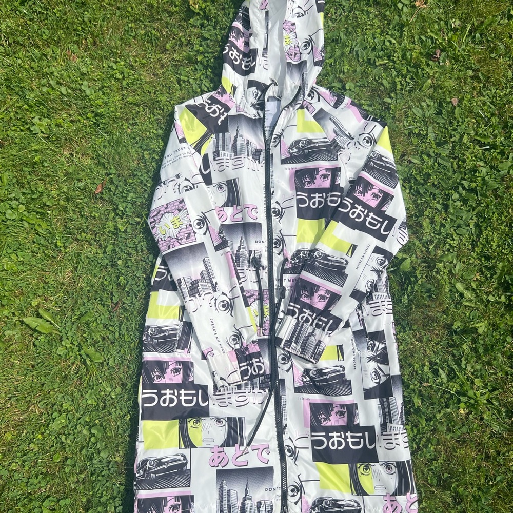 Graphic cartoon anime rain jacket windbreaker with full zipper and hood size xs